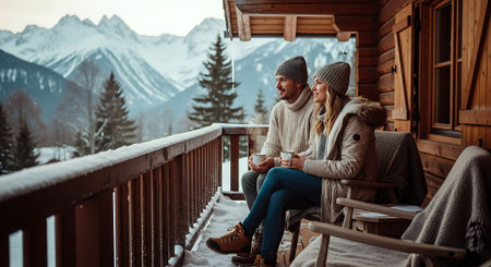 Young couple sitting on terrace in winter mountains and drinking coffee.の素材