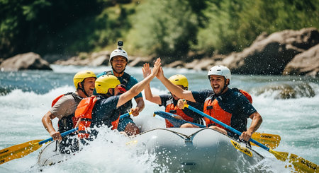 Group of friends rafting on the river on a sunny day.の素材