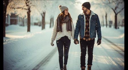 Young couple in love walking on the street in winter. Man and woman are holding hands and smiling.の素材