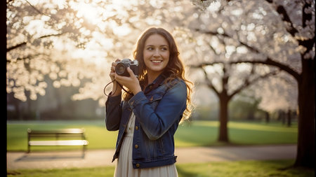 Portrait of a beautiful young woman in the park with a cameraの素材