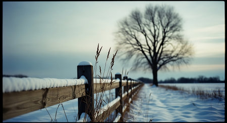 Winter landscape with a wooden fence and a tree in the background.の素材