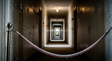 Abandoned Hallway with Railing Barrier and Moody Liminal Atmosphereの素材
