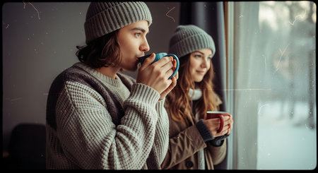 young couple in warm clothes drinking coffee and looking at window in winterの素材