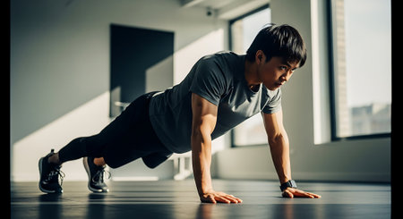 young asian man doing push-ups in fitness studio at morningの素材