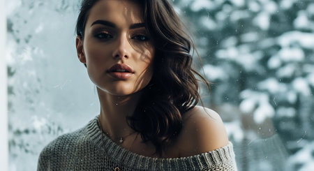 Portrait of beautiful young woman in sweater on background of winter landscape.の素材