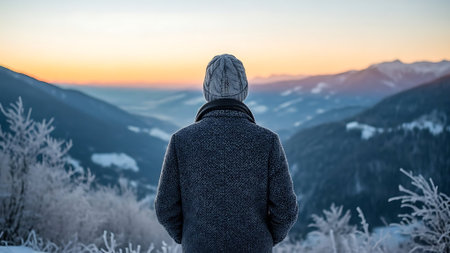 A man in a warm sweater stands on the top of a mountain and looks at the sunset.の素材