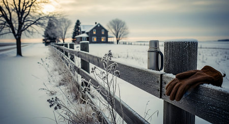 Winter landscape with a cup of hot drink on a wooden fence.の素材
