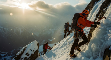 Climbers ascending a snowy mountain wall with ice axes and helmetsの素材