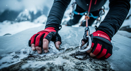 Close up of a climber's hand on a rock in a snowy landscapeの素材