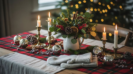 Christmas and New Year Decorations on a Rustic Wooden Tableの素材