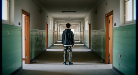 Young man in the corridor of an abandoned building. Back view.の素材