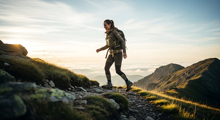 Hiker with backpack walking on a mountain trail at sunset. Active lifestyle.の素材