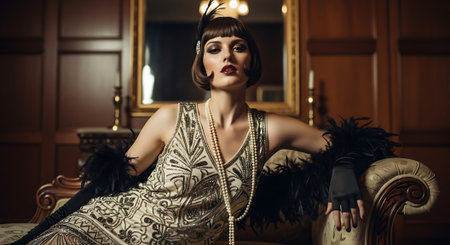 Portrait of a beautiful woman in a luxurious dress. Retro style.の素材