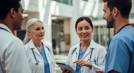 group of doctors with stethoscopes discussing something while standing in hospitalの素材