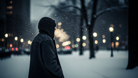 Young man in winter coat and hoodie walking on the street at nightの素材
