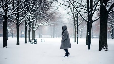 Young woman walking in the city park in winter with snowfall.の素材