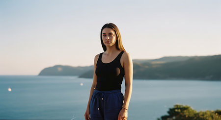 Beautiful young woman in a black T-shirt and blue pants on the background of the seaの素材