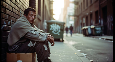 Homeless man sitting on the street with cardboard boxes and trash cans in the backgroundの素材