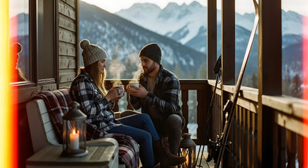 Couple in warm clothes sitting on a terrace and drinking coffeeの素材