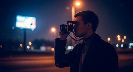 Portrait of a young man in a black coat with a camera on the background of the night cityの素材