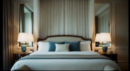 Blurred image of modern bedroom interior for background usage. Vintage tone.の素材