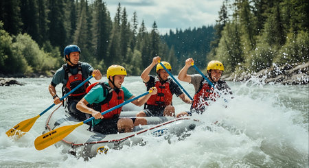Group of friends rafting on the river. Rafting in the mountainsの素材
