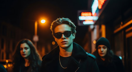 Handsome young man in sunglasses walking on the street at nightの素材