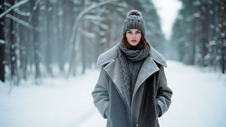 Beautiful young woman walking in winter forest. Winter fashion and beauty.の素材