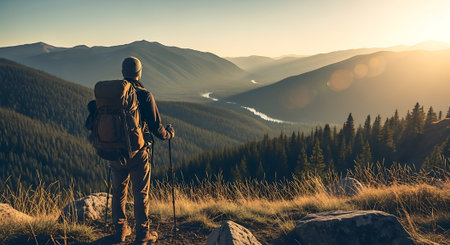 Hiker with backpack standing on top of the mountain and looking at the valleyの素材