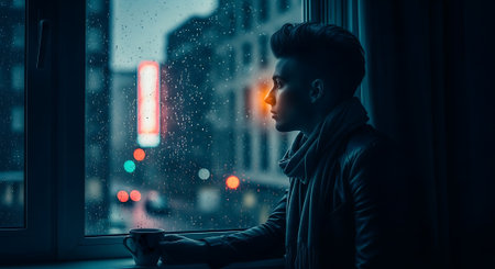 Young man standing by the window at night and looking at the cityの素材