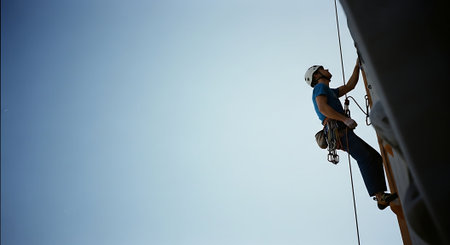 Climber on a rope on a background of blue sky.の素材