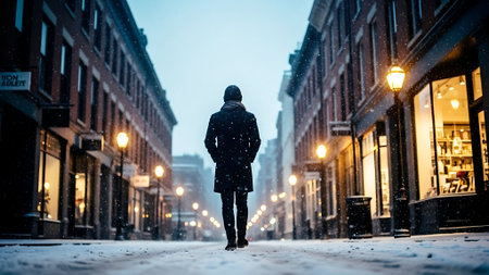 A man in a coat walks along a snowy street at night.の素材