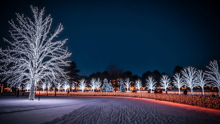 Christmas tree in the park at night. Beautiful winter landscape with trees.の素材