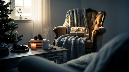 Cozy living room interior with christmas tree, gifts and armchairの素材