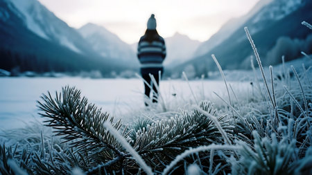 Frozen winter landscape with frozen lake and young woman in sweater.の素材