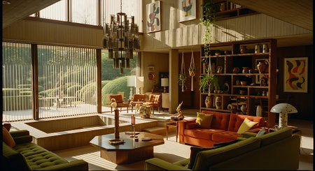 Interior of a modern living room with orange sofa and coffee tableの素材