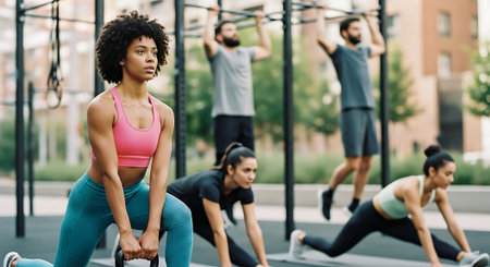 selective focus of african american sportswoman exercising with resistance band in gymの素材