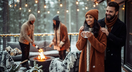 Handsome man and beautiful woman in warm clothes are drinking coffee and smiling while spending time together on terrace.の素材