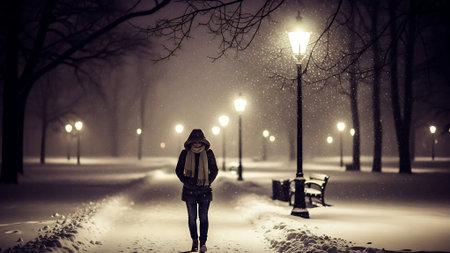 Young woman walking in winter park at night with lanterns and snowfallの素材