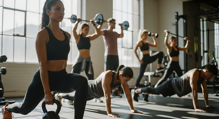 Group of young sporty people exercising with dumbbells in gymの素材