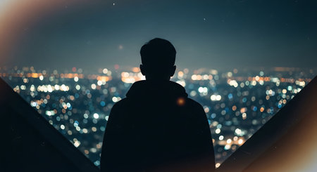 Silhouette of a man looking at the city at night.の素材