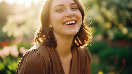 Portrait of a beautiful young woman smiling and looking at the camera.の素材