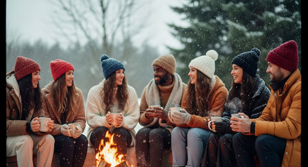 Group of friends sitting near the campfire and drinking coffee in winterの素材