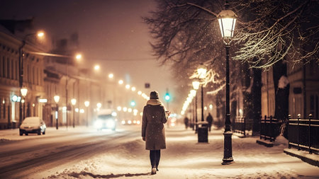 Young woman walking on the street at night in winter, back viewの素材