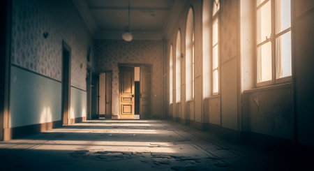 Hallway with light and shadow in the old house. 3d renderingの素材