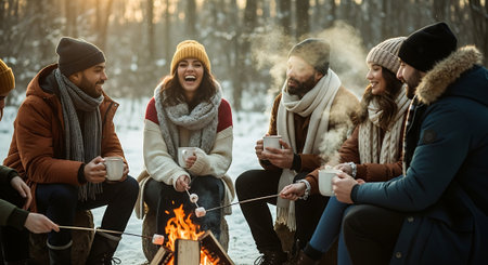 Group of friends having fun and drinking coffee at campfire in winter forestの素材
