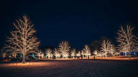 Beautiful Christmas trees in the park at night. Long exposure.の素材