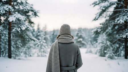 Back view of young woman in winter clothes standing in snowy forest.の素材