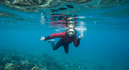 Young woman in red suit and mask snorkeling over coral reefの素材