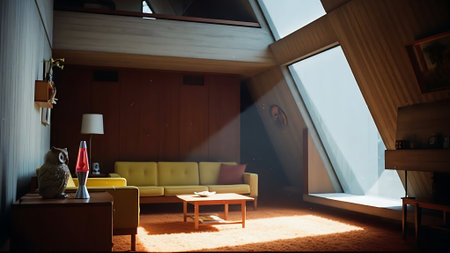 Interior of a hotel room with a yellow sofa and a coffee tableの素材